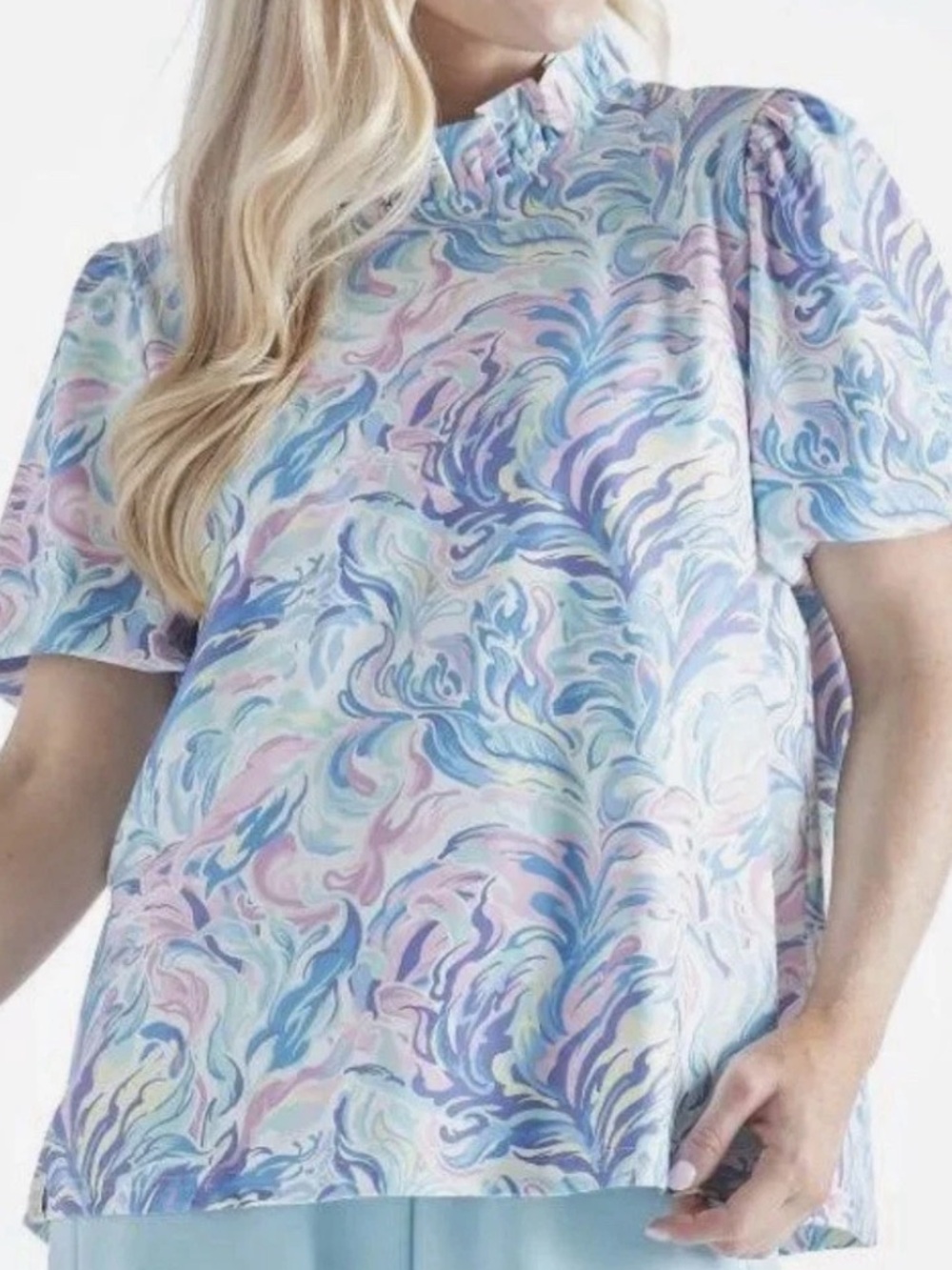 Simply Southern Top Blouse Women's Small Stretch Swirl Print Ruffle Collar